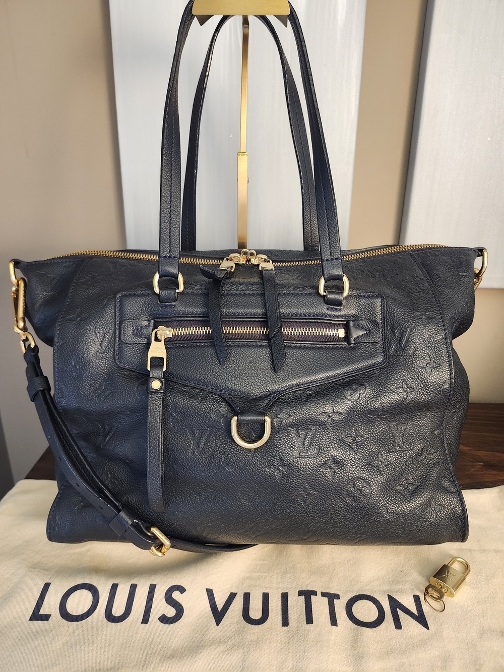Louis Vuitton Navy Monogram Embossed Leather Tote with Gold Hardware